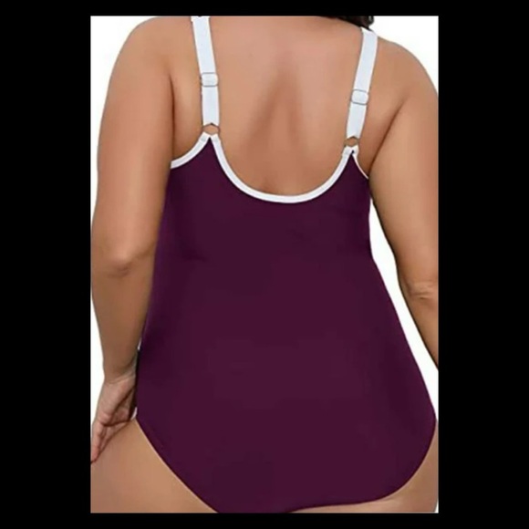 Burgundy and white zipper front one piece swimsuit. 5 - Picture 2 of 6